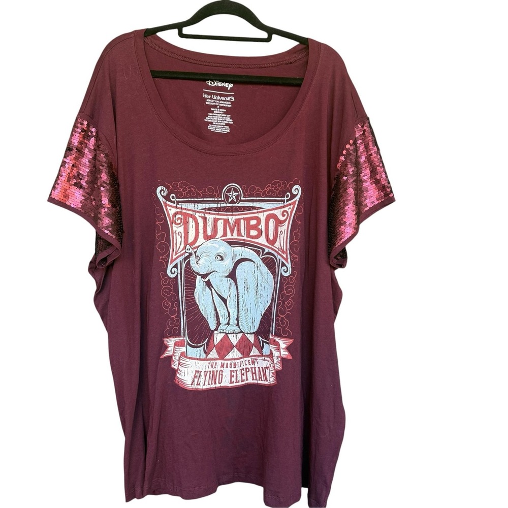 Her Universe Shirt Womens 2X Purple Dumbo Disney Sequin Sleeve Graphic Tee Plus
